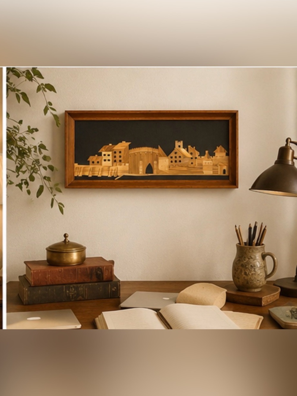 Vintage Polish Wood Marquetry Wall Art 1973 | Handcrafted Intarsia Cityscape |